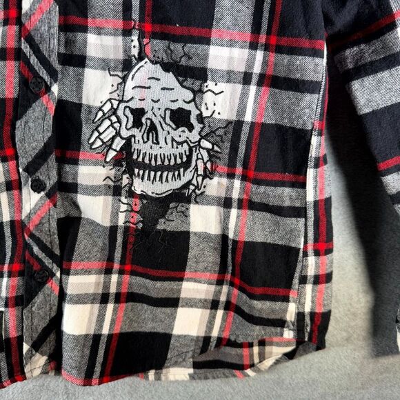 Lurking Class Flannel Shirt Women's Medium Black White Red Plaid Skull Button Up - Picture 3 of 11